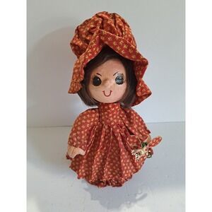 Vintage 1970's Handmade DIP 'N  DRAPE Paper Mache Doll  Brown Hair & Flowers 10"